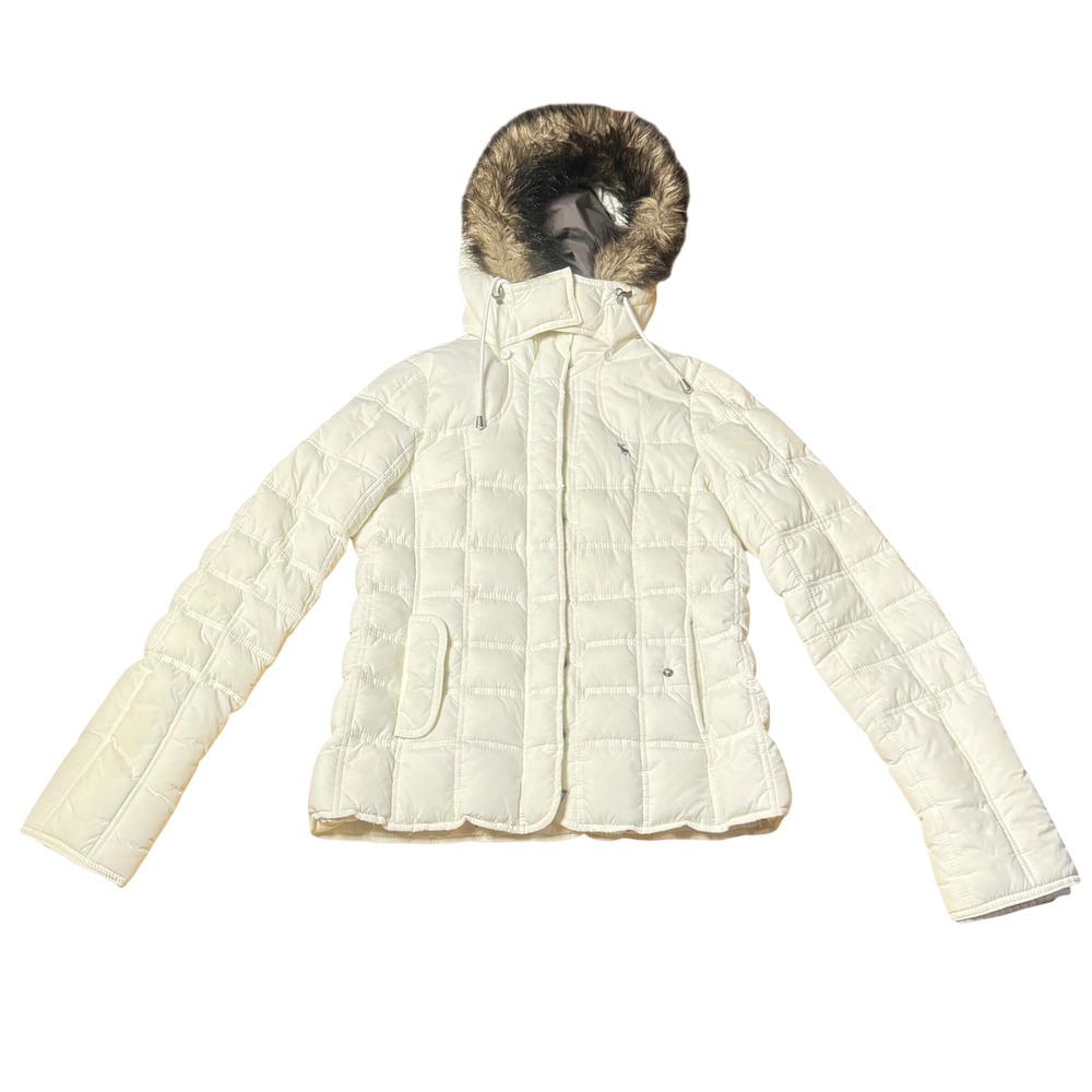 Abercrombie & Fitch White Quilted Puffer Jacket Faux Fur Hood